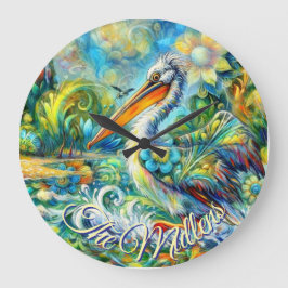 ワンダーランドのペリカンパーソナライズされたフローラ ラージ壁時計