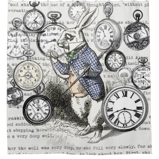 ワンダーランドの時計に登場する白うさぎのアリス シャワーカーテン (正面)