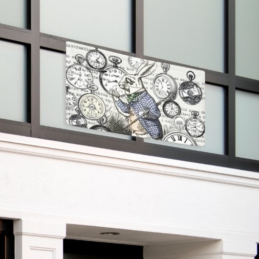 ワンダーランドの時計に登場する白うさぎのアリス 横断幕 (ビルの外側)