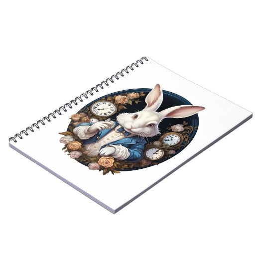 ワンダーランドの白うさぎのアリスが時計とバラ ノートブック (左側)