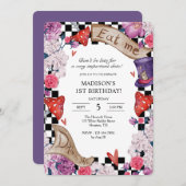 ワンダーランドの誕生日パーティーで少女のアリス 招待状 (正面/裏面)