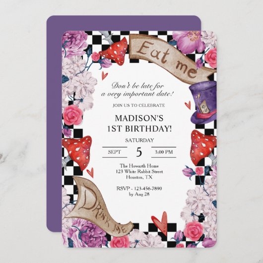 ワンダーランドの誕生日パーティーで少女のアリス 招待状 (正面/裏面)