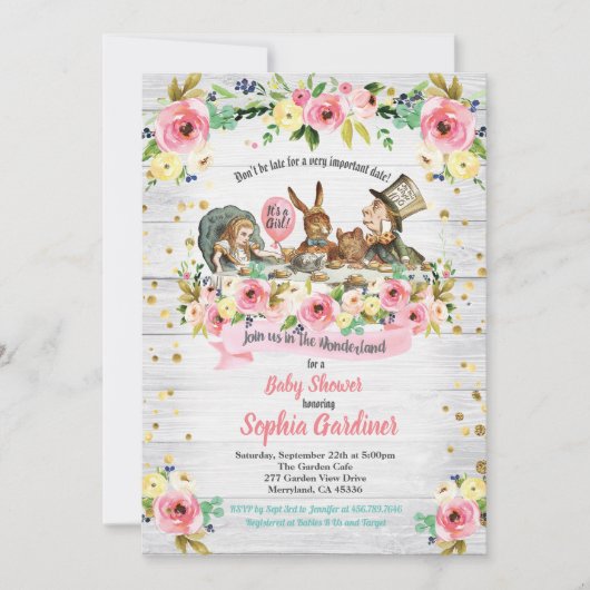 ワンダーランドの赤ちゃんガールシャワーの招待状のアリス 招待状 (正面)