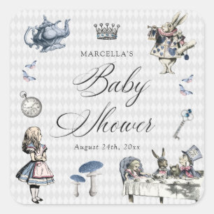 ワンダーランドの赤ちゃんシャワーでほこりっぽいブルー&ピンクアリス スクエアシール