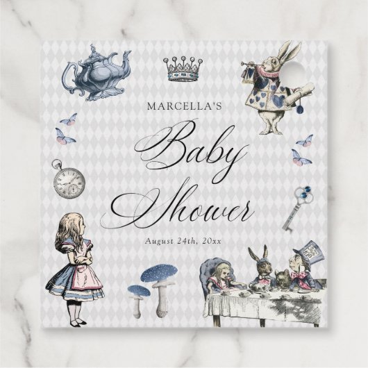 ワンダーランドの赤ちゃんシャワーでほこりっぽいブルー&ピンクアリス フェイバータグ (裏面)