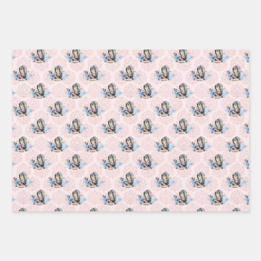 ワンダーランドの赤ちゃんシャワーでほこりっぽいブルー&ピンクアリス ラッピングペーパーシート (正面2)