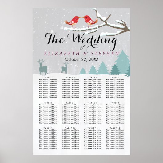 ワンダーランドの鳥鹿の冬の結婚式のシーティングチャート ポスター (正面)