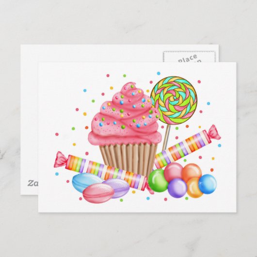 ワンダーランドカップケーキキャンディ棒つきキャンデースイートタルト ポストカード (正面/裏面)