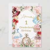 ワンダーランドジンガムピンクの誕生日アリス 招待状 (正面)