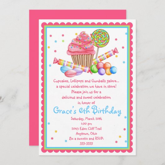 ワンダーランドスイートショップカップケーキキャンディーの招待 招待状 (正面/裏面)
