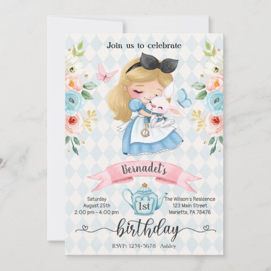 ワンダーランドティーパーティーガール誕生日招待状 招待状 (正面)