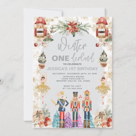 ワンダーランドナツクラッカースノーフレーク誕生日 招待状 (正面)