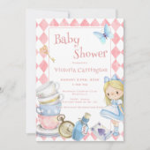 ワンダーランドピンクの赤ちゃんお洒落シャワーのアリス 招待状 (正面)