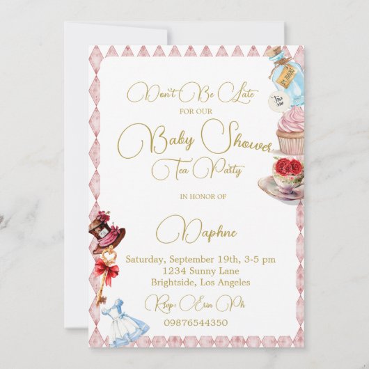 ワンダーランドピンクの赤ちゃんシャワーアリスフローラ 招待状 (裏面)