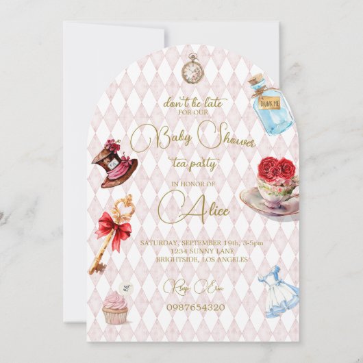 ワンダーランドピンクの赤ちゃんシャワーフローラ 招待状 (裏面)