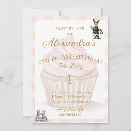 ワンダーランドピンクフローラの誕生日アリス 招待状 (裏面)