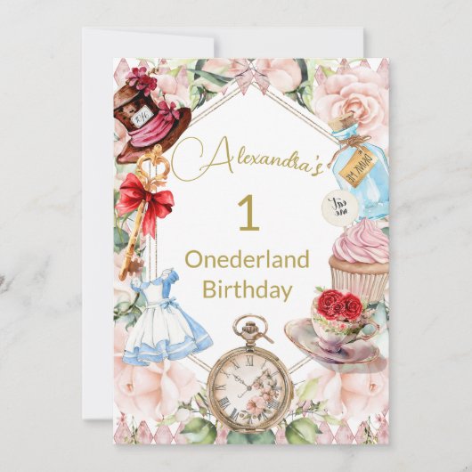 ワンダーランドピンクフローラの誕生日アリス 招待状 (正面)