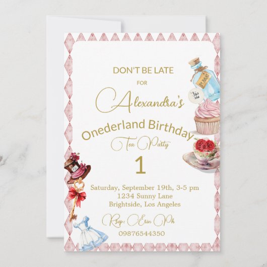 ワンダーランドピンクフローラの誕生日アリス 招待状 (裏面)