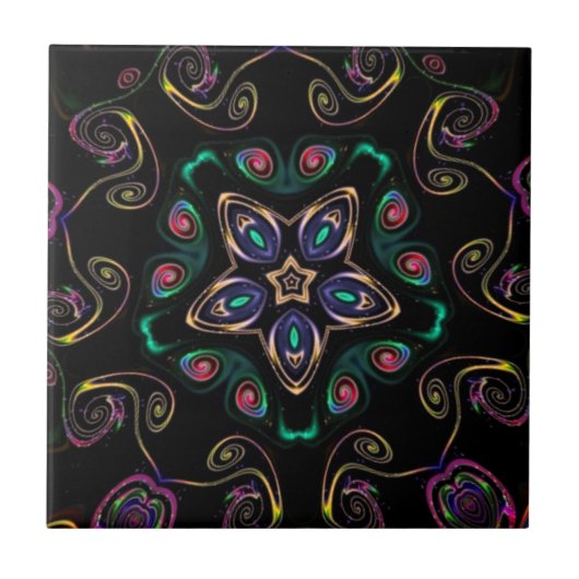 ワンダーランド熱狂する子猫幾何学的ブラックエメラルド タイル (正面)