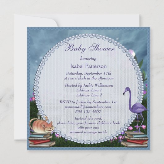 ワンダーランド茶のパーティーが本の赤ちゃんのシャワーを届ける 招待状 (裏面)