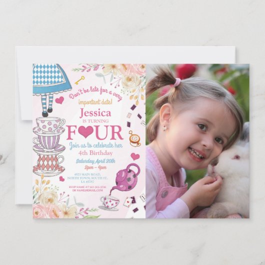 ワンダーランド誕生日4thティーパーティー4女の子の写真 招待状 (正面)