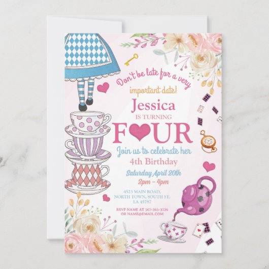 ワンダーランド誕生日4thティーパーティー4女の子 招待状 (正面)