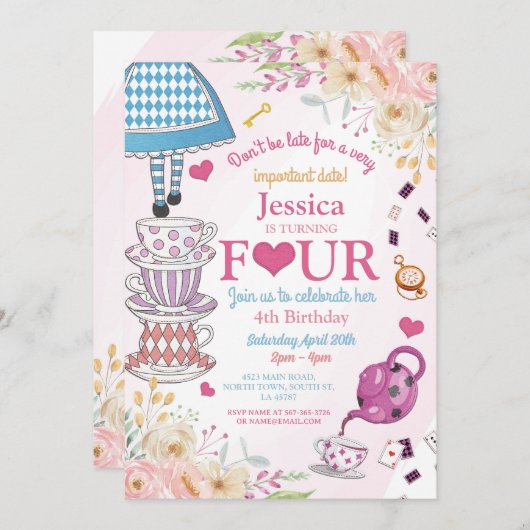 ワンダーランド誕生日4thティーパーティー4女の子 招待状 (正面/裏面)