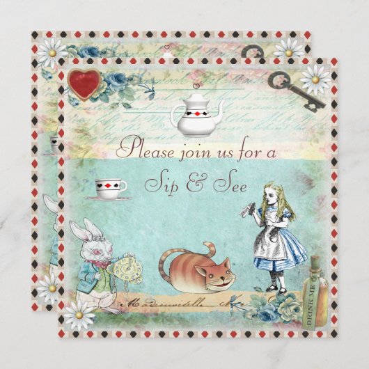 ワンダーランド·ベイビー·シャワーでヴィンテージ·アリスをすすり見る 招待状 (正面/裏面)