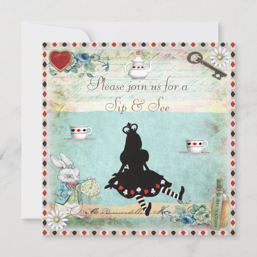 ワンダーランド·ベイビー·シャワーでヴィンテージ·アリスをすすり見る 招待状 (正面)