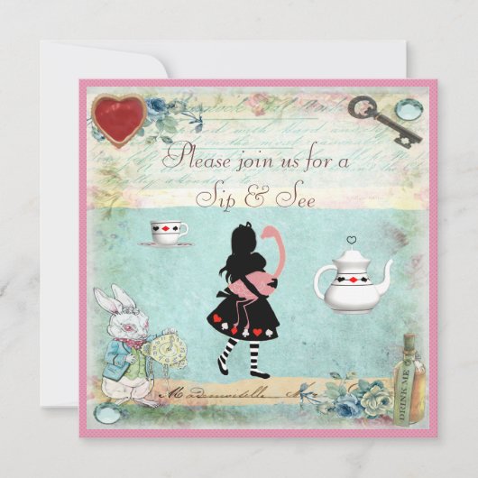 ワンダーランド·ベイビー·シャワーでヴィンテージ·アリスをすすり見る 招待状 (正面)