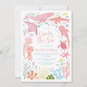ワンダー・ザ・シー ピンク オーシャン アニマルズ 1歳の誕生日 招待状 (正面)