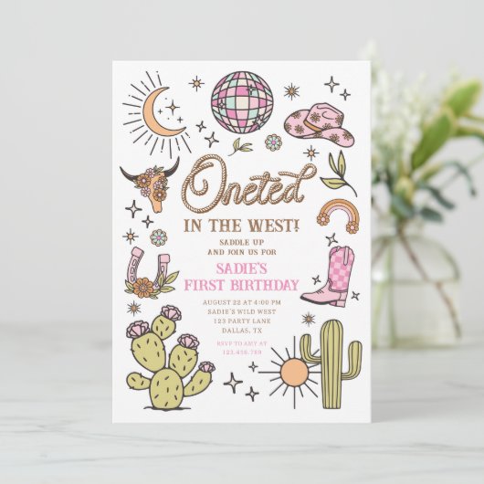 ワンテッドザウエストディスコ女性のカーボーイファースト誕生日 招待状 (スタンド正面)