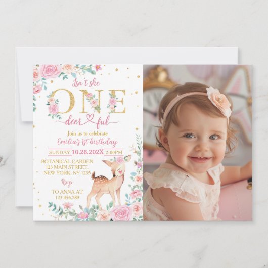 ワンデフルピンクフローラ誕生日フォト招待状 サンキューカード (正面)
