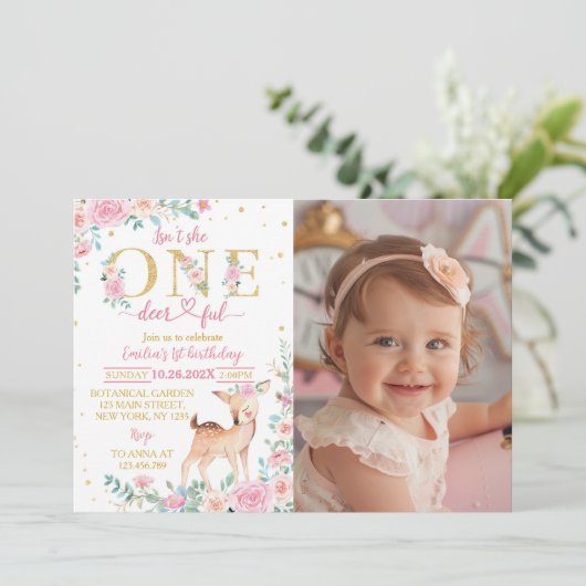 ワンデフルピンクフローラ誕生日フォト招待状 サンキューカード (スタンド正面)