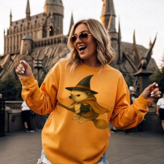 ワンドで乗るベビーブラックキャット付きハリネズミ Tシャツ