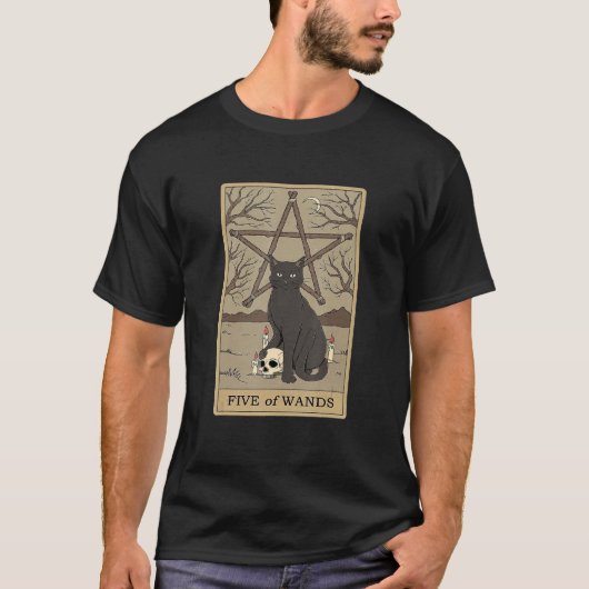 ワンドの5 タロットカード 猫 Tシャツ (正面)