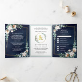 ワンネイビーブルーのコットン結婚ユーカリ 三つ折り招待状 (内部)