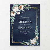 ワンネイビーブルーのコットン結婚ユーカリ 三つ折り招待状 (カバー)