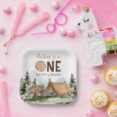 ワンハッピーカンパーマウンテンフォレストベア1st誕生日 ペーパープレート (パーティー)