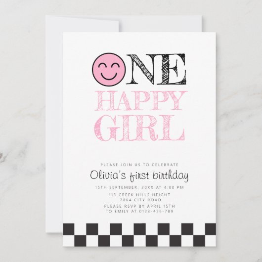 ワンハッピーガールハッピー顔ピンク 招待状 (正面)
