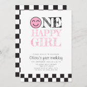 ワンハッピーガールハッピー顔ピンク 招待状 (正面/裏面)