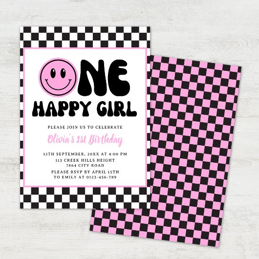 ワンハッピーガールピンクハッピー顔誕生日招待状 招待状