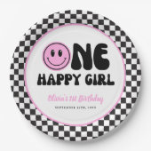 ワンハッピーガールピンクハッピー顔誕生日 ペーパープレート (正面)