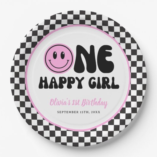 ワンハッピーガールピンクハッピー顔誕生日 ペーパープレート (正面)