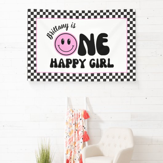 ワンハッピーガールピンクハッピー顔誕生日 横断幕 (インサイチュ)