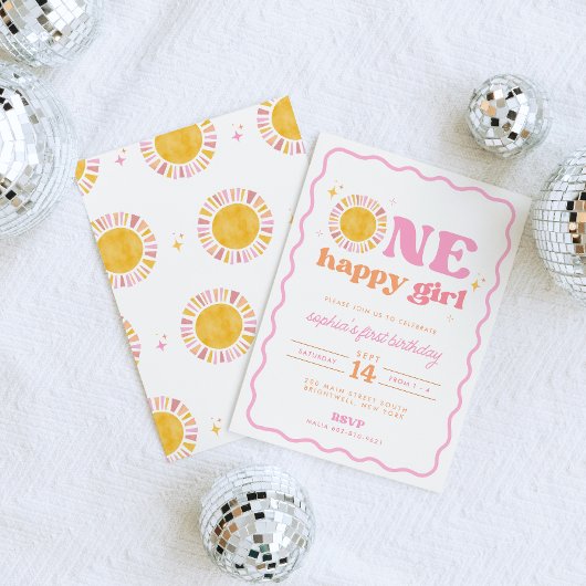 ワンハッピーガールレトロサンファースト誕生日招待状 招待状