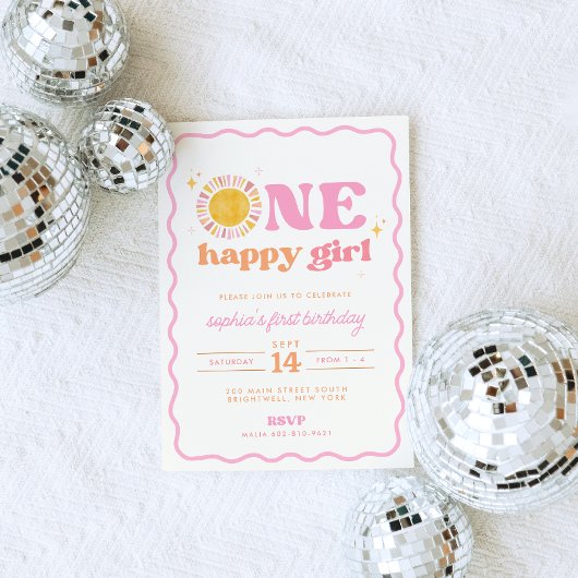 ワンハッピーガールレトロサンファースト誕生日招待状 招待状