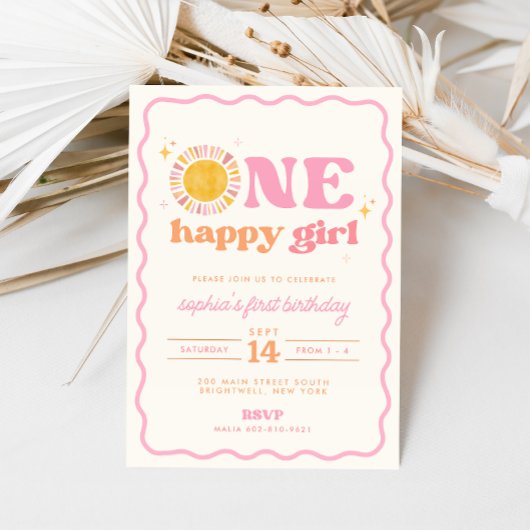ワンハッピーガールレトロサンファースト誕生日招待状 招待状
