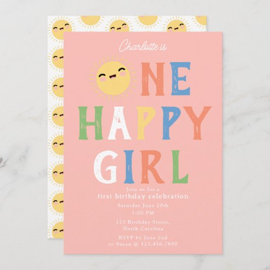ワンハッピーガール誕生日招待状1stバースデーサン 招待状 (正面/裏面)
