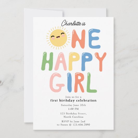 ワンハッピーガール誕生日招待状1stバースデーサン 招待状 (正面)